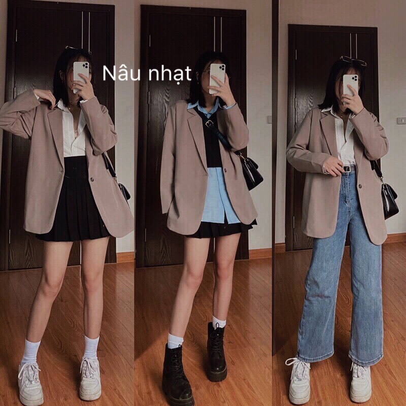 ÁO BLAZER NÂU TÂY HÀN QUỐC ÁO VEST NỮ TRƠN VINTAGE (ảnh thật/sẵn/video)