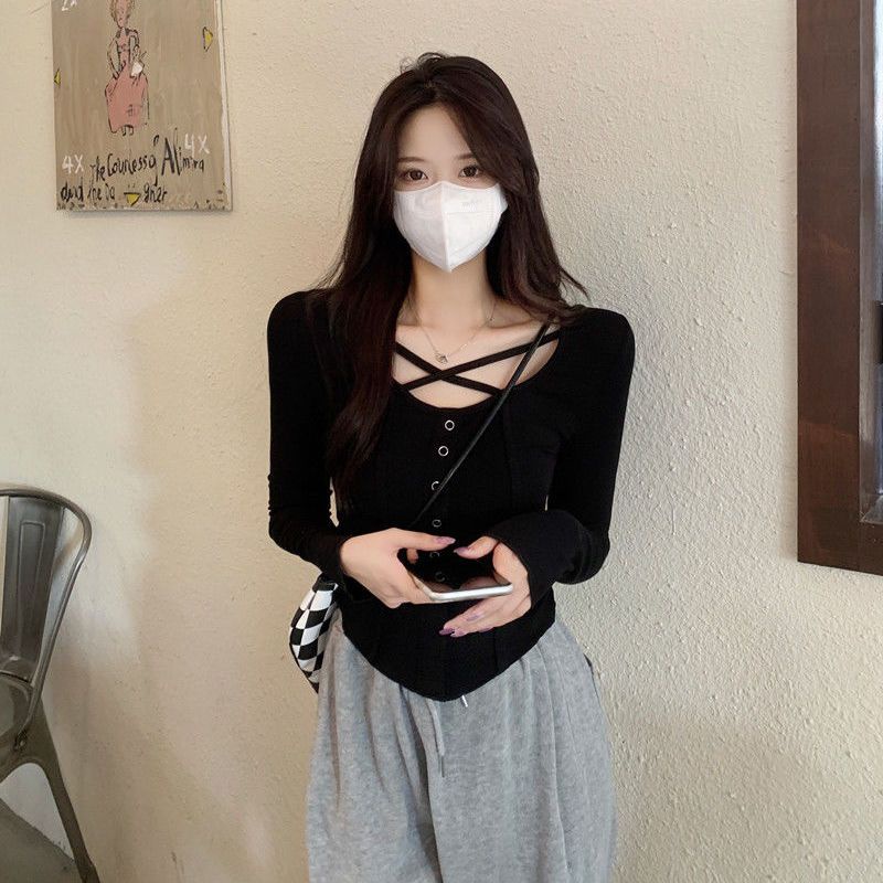 Áo Thun Lửng Tay Dài Cổ Vuông Thời Trang Quyến Rũ Cho Nữ