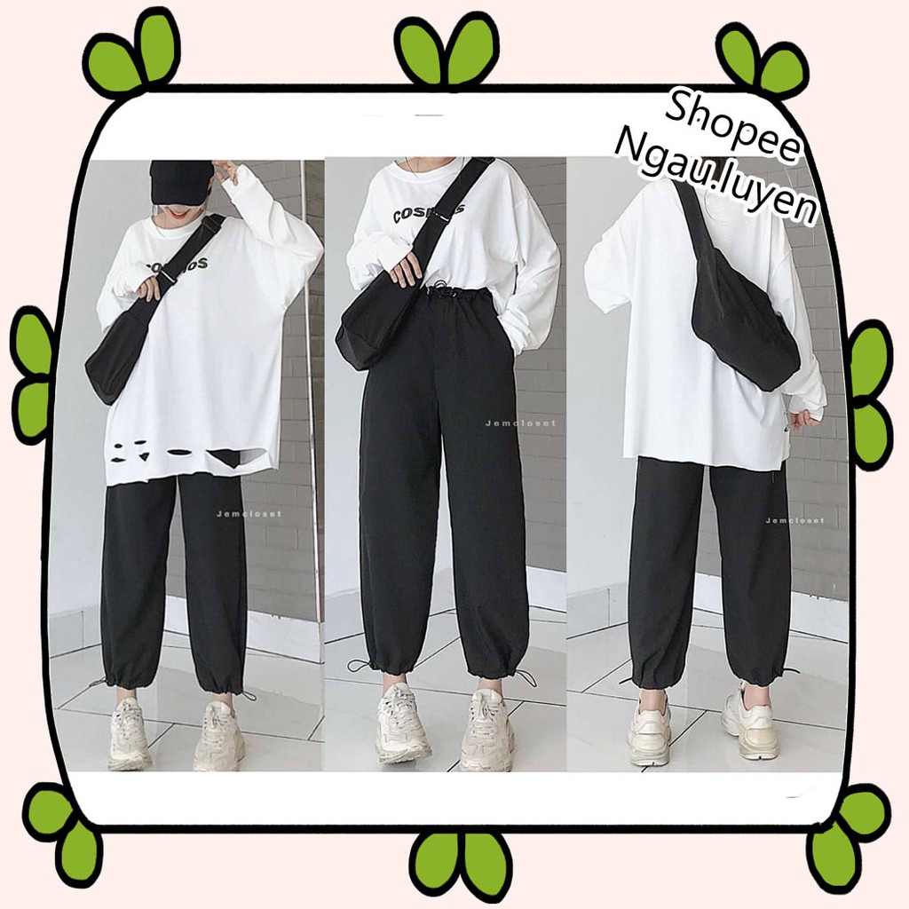 SQ009 Bộ áo thun dài tay rách Cosmos form rộng và quần Jorgger đen gấu bo unisex, bộ áo phông trắng oversize quần dài