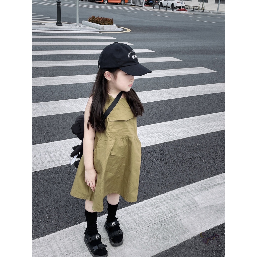 Đầm Không Tay Phối Túi Dễ Thương Thân Thiện Với Da Phong Cách Hàn Quốc Dành Cho Bé Gái