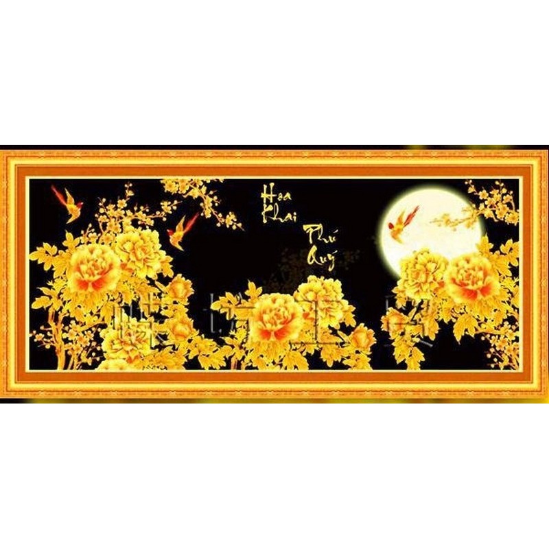 tranh thêu chư thap hoa khai phu quý kt 142x61cm