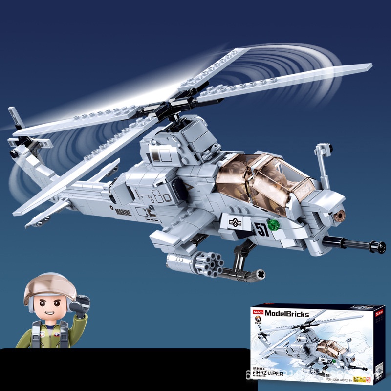 Đồ chơi Lắp Ráp Máy Bay Trực Thăng AH-1Z Viper, Sluban 0838 M38 Attack Helicopter, Xếp hình thông minh