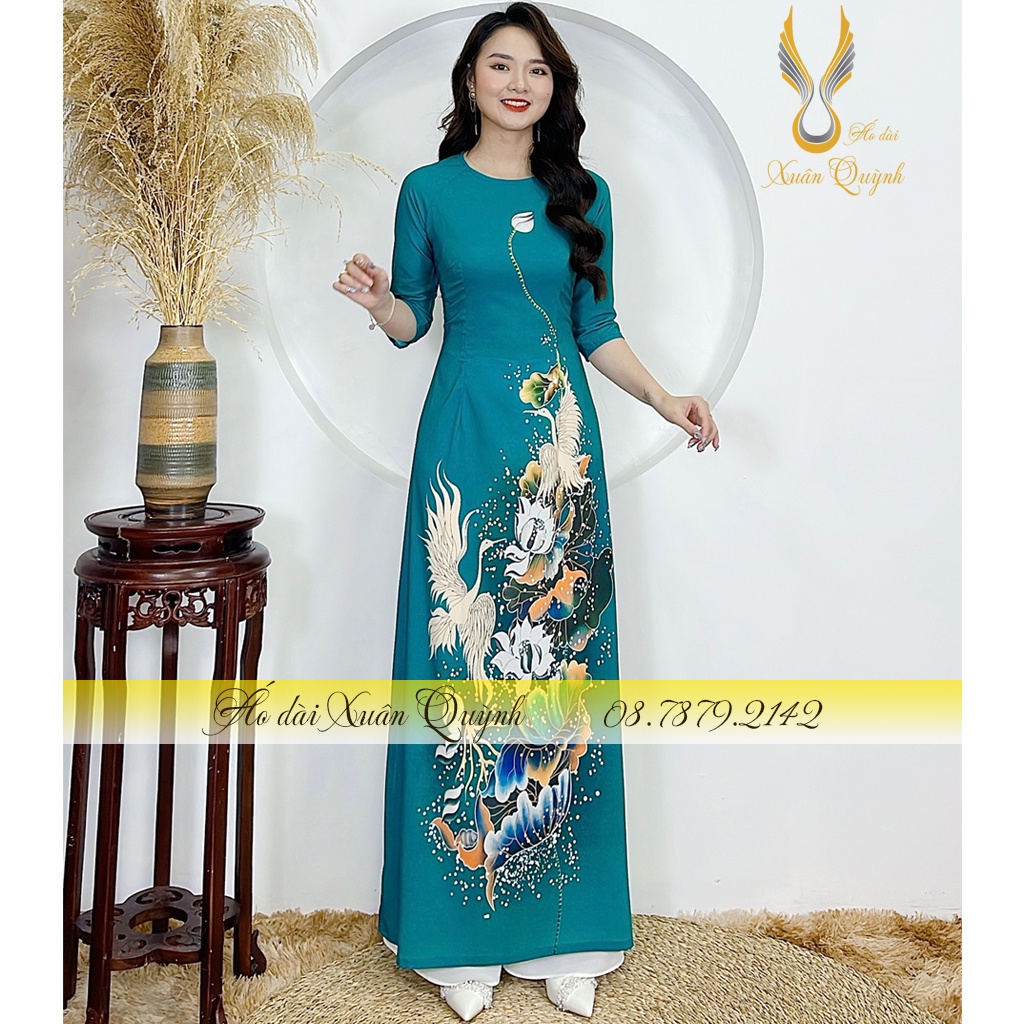 Áo Dài Truyền Thống Hồng Hạc Hoa Sen Chấm Bi Sang Trọng, Lụa Habutai K02 Xanh - Áo Dài Xuân Quỳnh