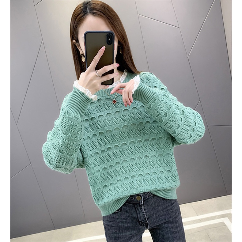 Áo len nữ hoạ tiết pha ren thời trang sweater cổ tròn dài tay chất len dệt kim dày dặn phong cách Hàn Al27