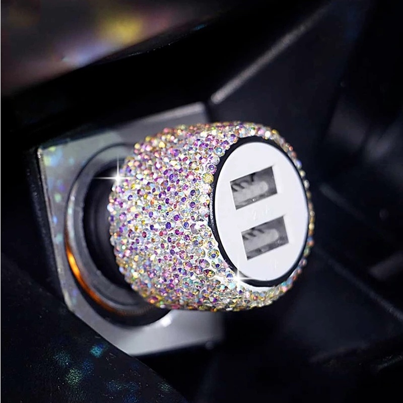 Bộ Sạc Nhanh USB Kép Đính Đá Chất Lượng Cao Cho iPhone / Android / Xe Hơi