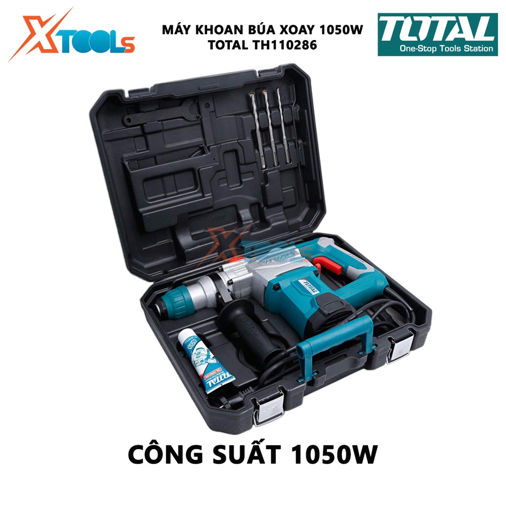 Máy khoan búa cầm tay 1050w TOTAL TH110286 tốc độ 9000rpm; tốc độ đập 4000bpm, khả năng khoan bê tông 28 mm, đục 14mm, k