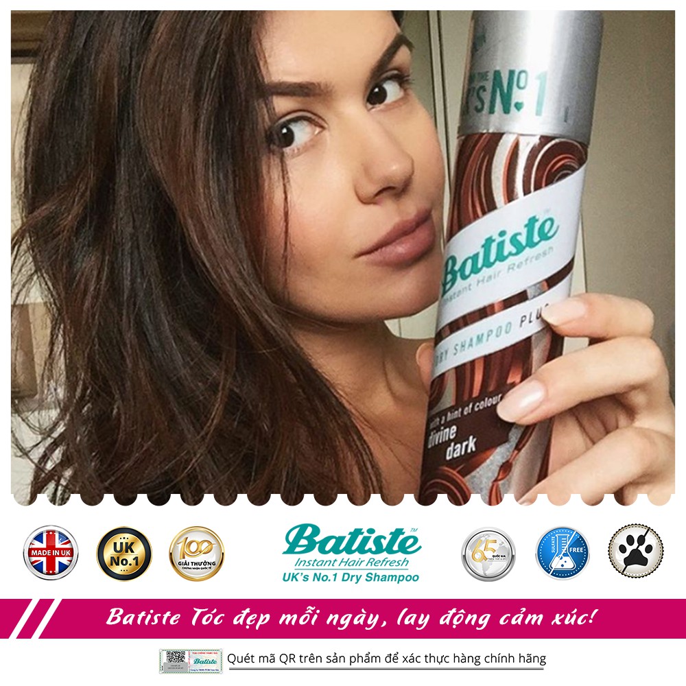 Dầu Gội Khô Batiste Cho Nam Và Nữ Tóc Đen - Batiste Dry Shampoo Plus With A Hint Of Colour Divine Dark 200ml