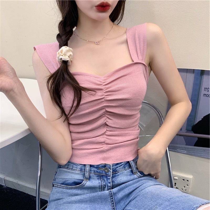Áo kiểu hai dây nhún ngực chất dệt kim phong cách Hàn Quốc Freesize | BigBuy360 - bigbuy360.vn