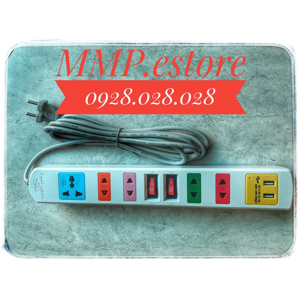 Ổ cắm điện đa năng có USB Honjianda Mã 0326 Loại 2 công tắc Dây 3m - an toàn chống quá tải