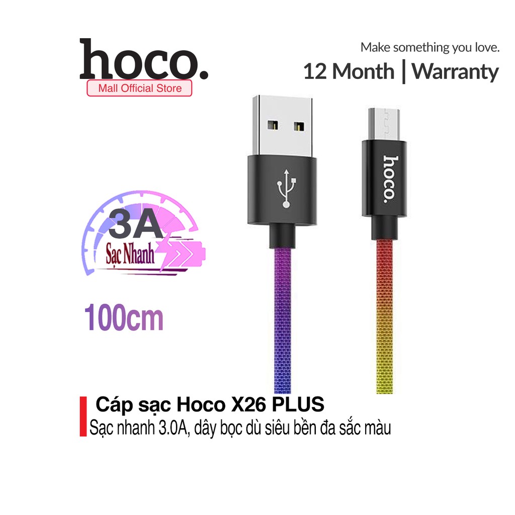 Cáp sạc Hoco X26 Plus Sạc nhanh 3A MAX, dây sạc bọc dù chống rối cho điện thoại $ máy tính bảng Lightning &amp; Micro đa sắc