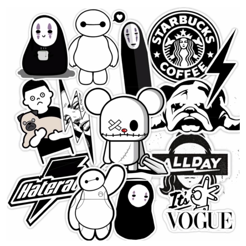 Set 50 sticker trend big hero, vô diện, chó pug, local brand chủ đề trắng đen siêu độc lạ