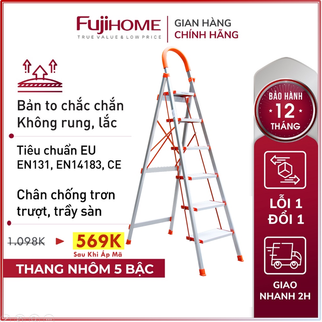 Thang ghế nhôm tay vịn chữ A bản to 4 - 5 - 6 bậc từ 1,4M - 1,9M xếp gọn FUJIHOME, Thang chữ A gia đình đa năng rút gọn