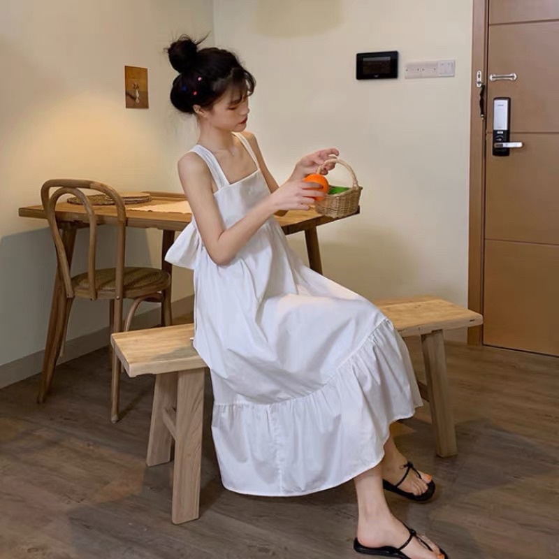 Váy maxi 2 dây bản to nơ lưng siêu lớn đi chơi đi biển