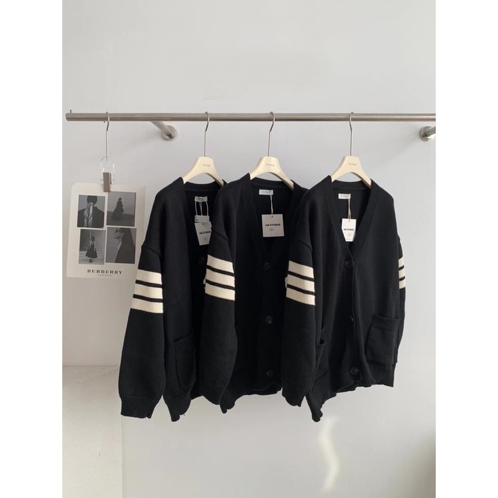 Áo khoác cardigan len đen sọc tay trắng hàng chuẩn QC len dày đẹp min freesize dưới 70kg