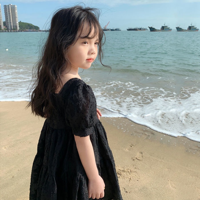 Đầm Công Chúa Màu Đen Cổ Vuông Tay Phồng Thời Trang Mùa Hè Cho Bé Gái