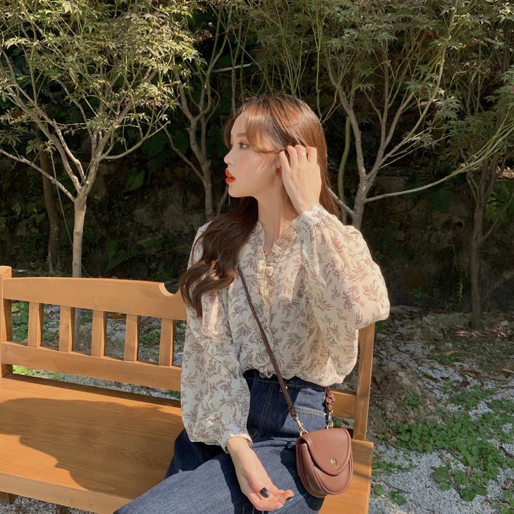 Áo Sơ Mi Voan Tay Dài Cổ V Họa Tiết Hoa Thời Trang Xuân Thu 2021 Cho Nữ