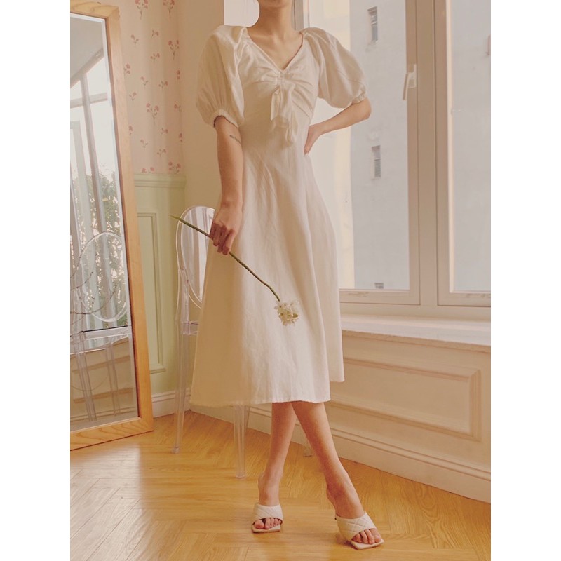 THE19CLUB - Váy linen dáng dài nơ ngực tay bồng - BELLA DRESS