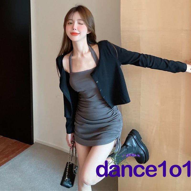 ♔Tl✬Đầm Mini Dây Rút Hở Lưng Màu Trơn Có Nếp Gấp Cho Nữ