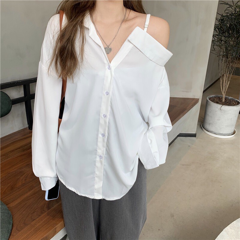 Áo sơ mi nữ lệch vai phong cách hongkong tay dài sang trọng