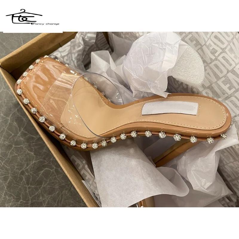 Giày Sandal Cao Gót Mũi Vuông Đính Đá Trong Suốt Thời Trang Quyến Rũ Cho Nữ~2022