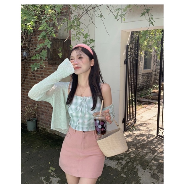 Set áo len mix 2 dây thô kẻ xanh mint