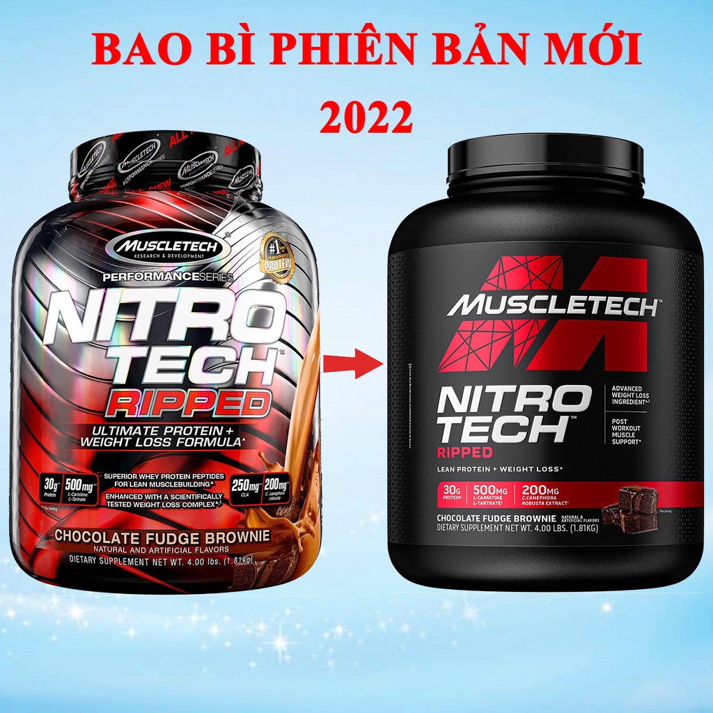 Sữa tăng cơ cực mạnh Nitro Tech Ripped của Muscletech hộp 1.8kg hỗ trợ tăng cơ giảm cân đốt mỡ cao cấp