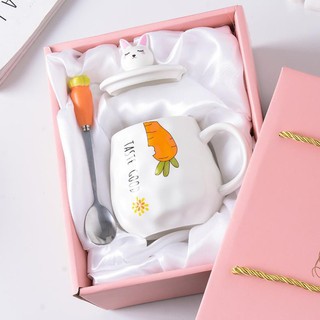 Cốc sứ, cốc cà phê hình thỏ cao cấp 400ml có nắp sứ đậy kèm thìa