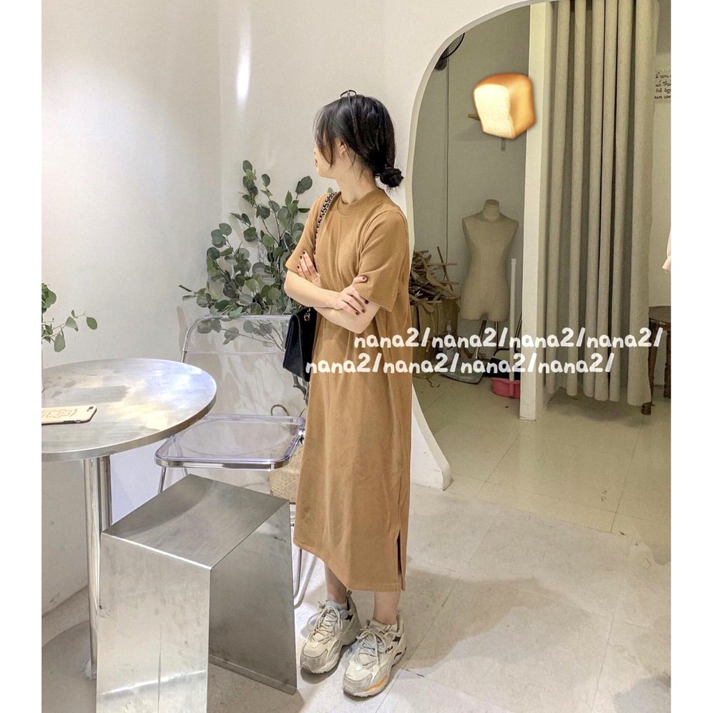 Đầm thun tăm xẻ tà tay ngắn nữ - Váy form rộng dáng suông dài, thiết kế basic bánh bèo tiểu thư ulzzang SIÊU HOT | BigBuy360 - bigbuy360.vn