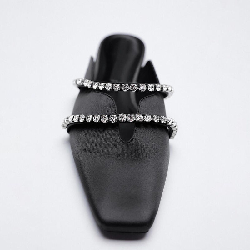 2022 mùa xuân và mùa hè mới đáy phẳng mules Pháp bán đường mòn đầu vuông rhinestone giày dép nữ