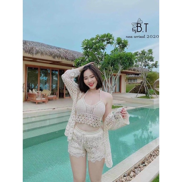 Bikini đồ bơi nữ đi biển len đồng xu mix quần len đai thun