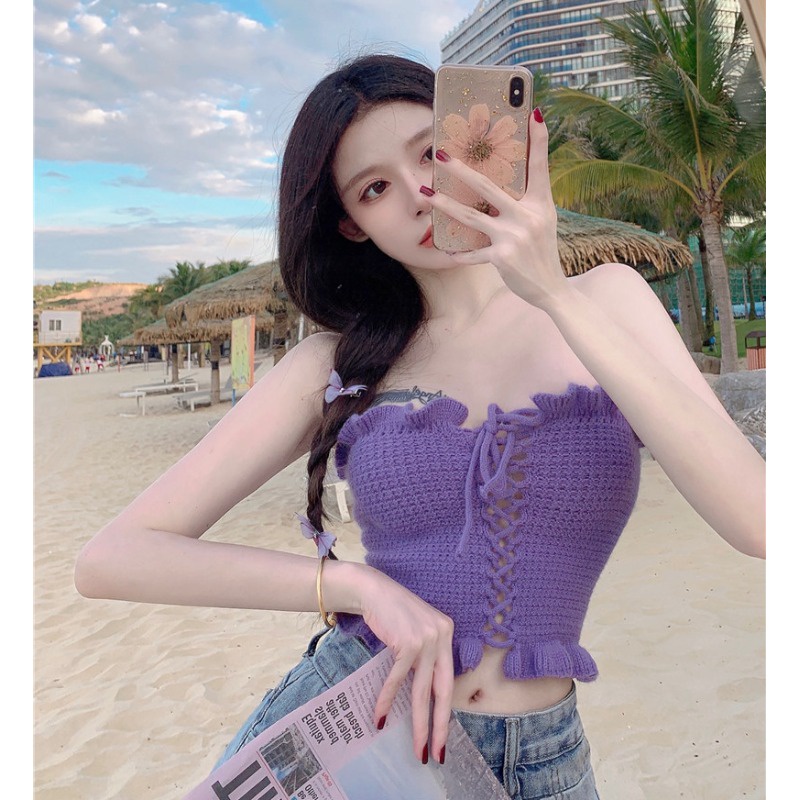 Áo Croptop Dệt Kim Màu Sắc Trơn Phong Cách Hàn Quốc