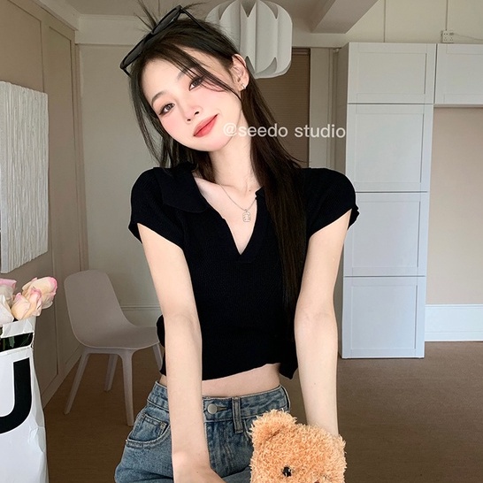 QKOOLE  Áo Croptop Dệt Kim Tay Ngắn Phong Cách Vintage Hàn Quốc