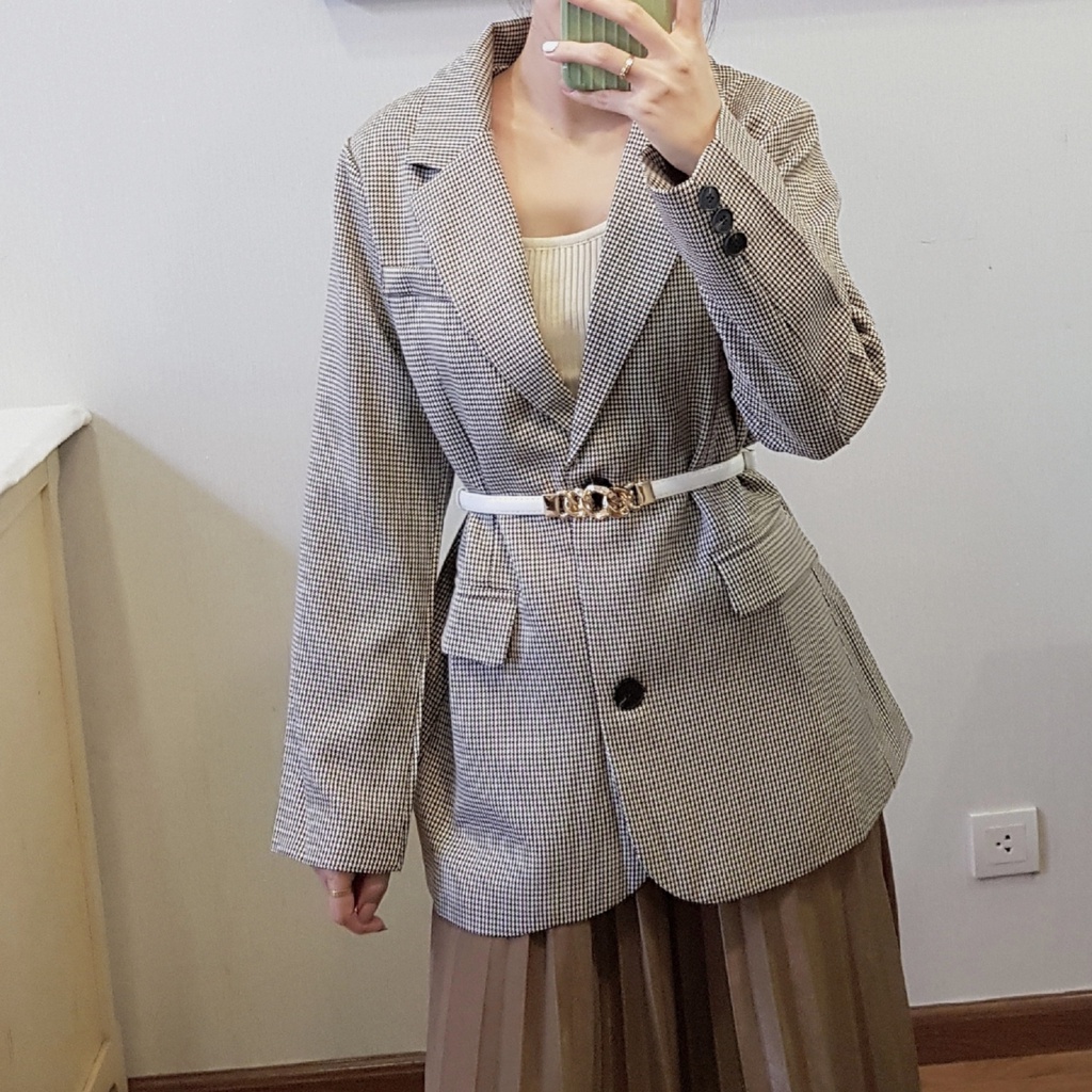 [BLAZER 06] Blazer dài tay hai lớp kẻ nâu phong cách Hàn Quốc, Áo vest nữ