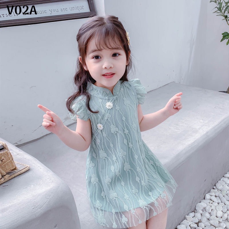 Đầm Váy Sườn Xám In Họa Tiết Hoa Xinh Xắn V02 AGUM MART Cho Bé Gái Từ 8-19KG HÀNG QUẢNG CHÂU CAO CẤP