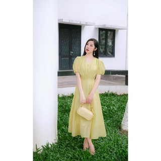 Váy cổ v bổ mảnh khuy bọc-vàng_lalya_d533