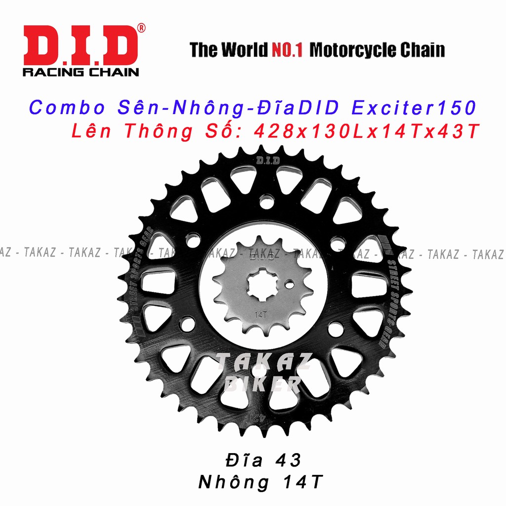 Nhông và đĩa rời DID HDS 14T x 43T DID - Exciter 150 - FZ 150 Made in Thái Lan Sơn Bóng Đen Siêu Đẹp