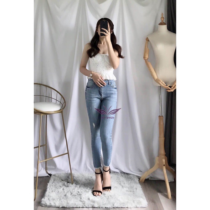 Quần Jeans Nữ Cạp Cao Co Giãn Tốt Kiểu Cào/9 tấc