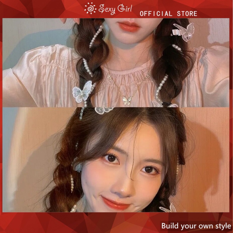 Dây Kẹp Tóc Đính Ngọc Trai Tua Rua Hình Bướm Xinh Xắn