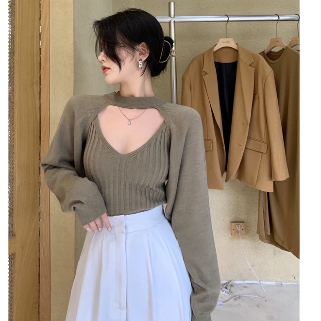 QKOOLE  Áo Dệt Kim Tay Dài Cổ Tròn Màu Sắc Đơn Giản Phong Cách Hàn Quốc Cho Nữ（only coat）