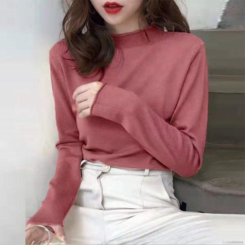 Women Slim Long-Sleeved Half High Collar Slim Bottom Sweater Female Tshirt Tops | BigBuy360 - bigbuy360.vn