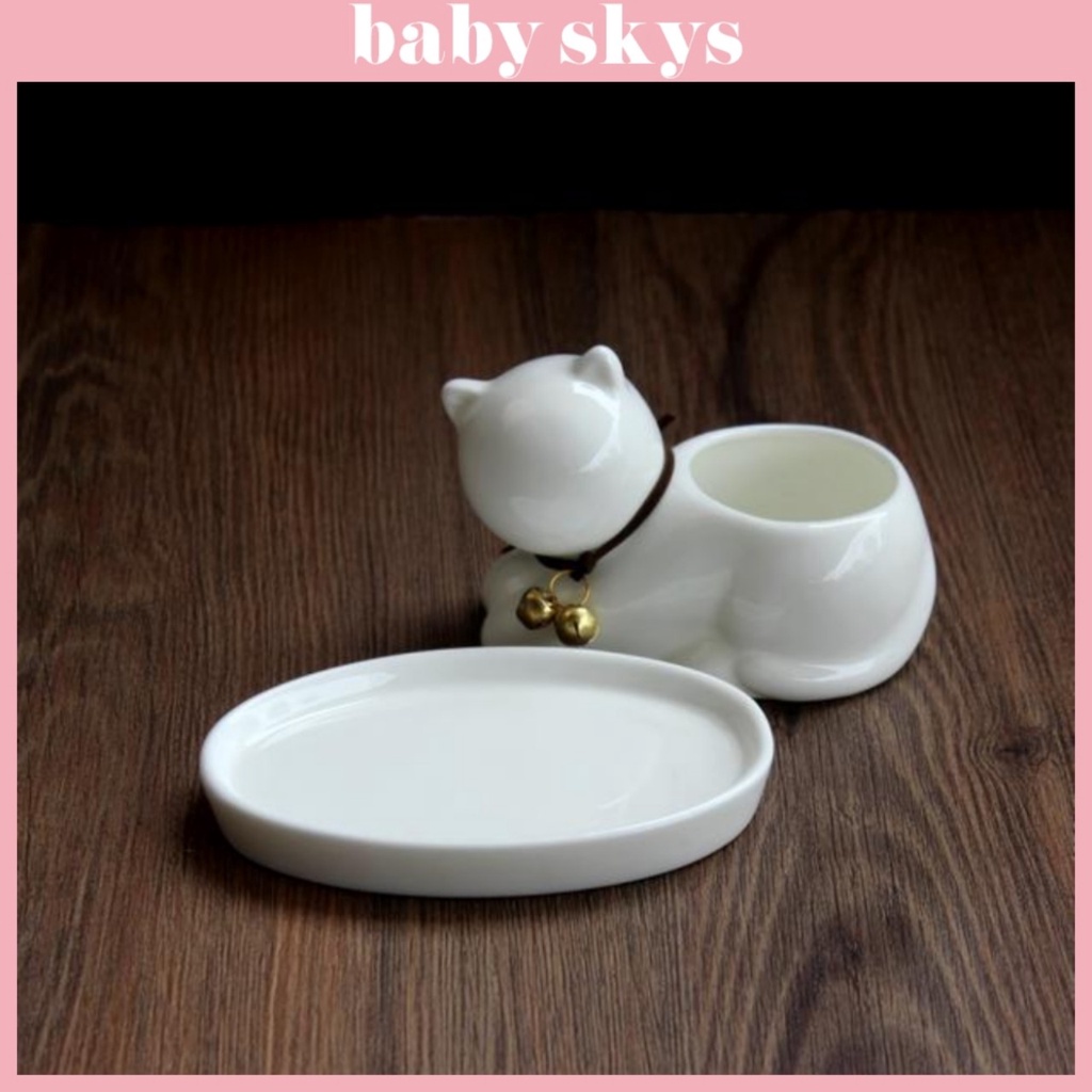 Chậu Trồng Cây Cảnh Mini Sen Đá Xương Rồng Hình Mèo Có Khay Lỗ Thoát Nước