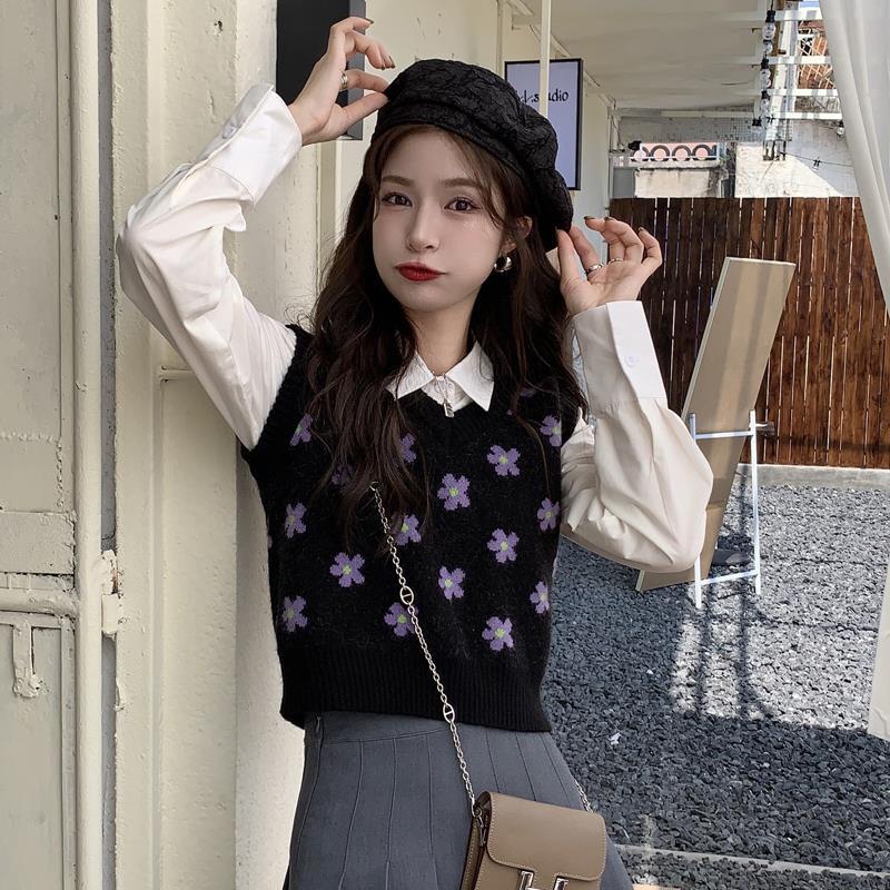 Áo Dệt Kim Sát Nách Dáng Rộng In Hoa Kiểu Vintage Hàn Quốc Xinh Xắn Cho Nữ