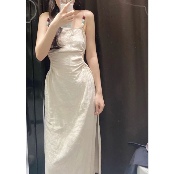 Đầm midi ZR hai dây vải lanh