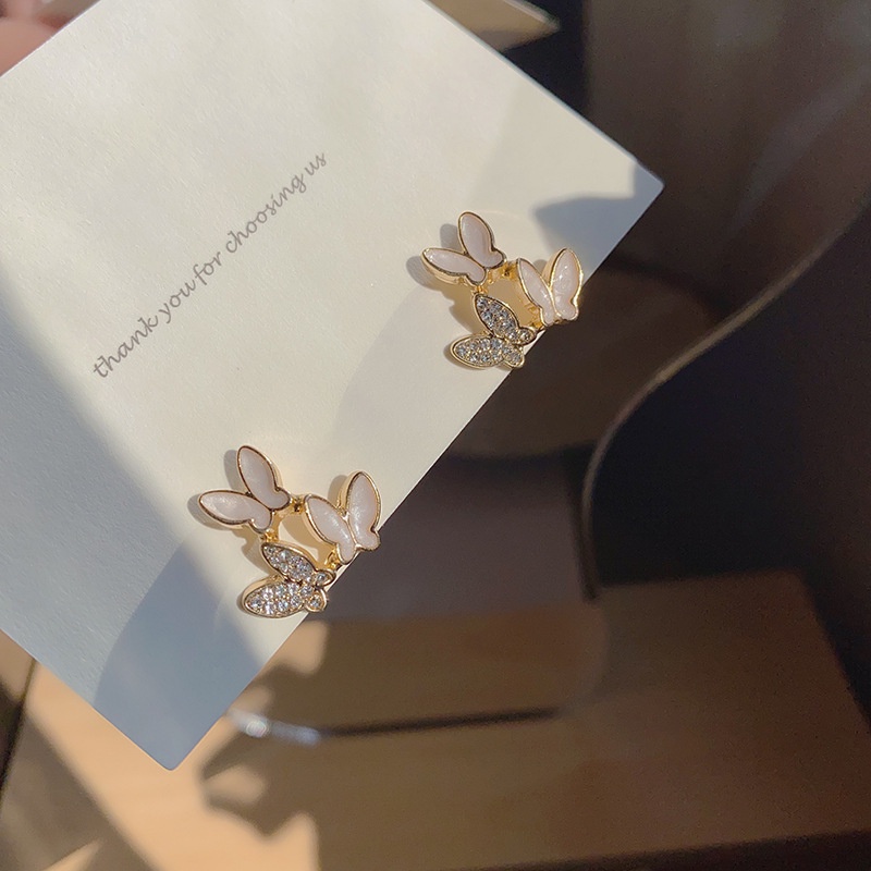 Bông Tai Mạ Bạc 925 Hình Bướm Đính Đá Phong Cách Hàn Quốc Xinh Xắn
