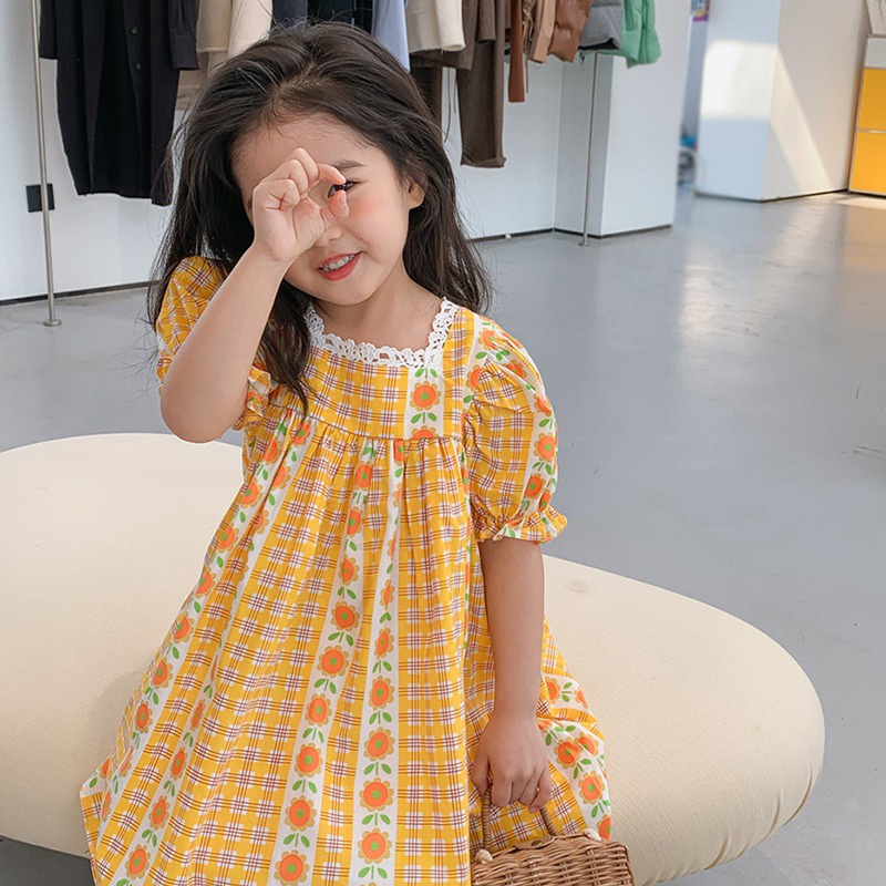 Đầm Công Chúa Mùa Hè Cổ Vuông Tay Cộc In Họa Tiết Hoa Cho Bé Gái Se7en