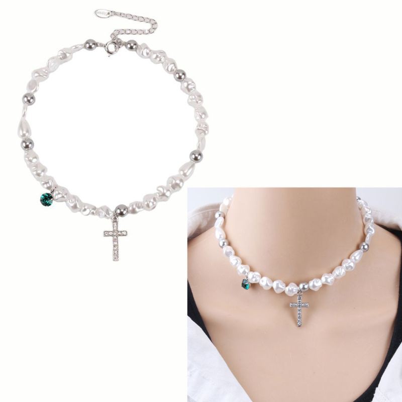 vòng cổ Choker Mặt Hình Thánh Giá Đính Hạt Ngọc Trai Giả Thời Trang Cho Nữ