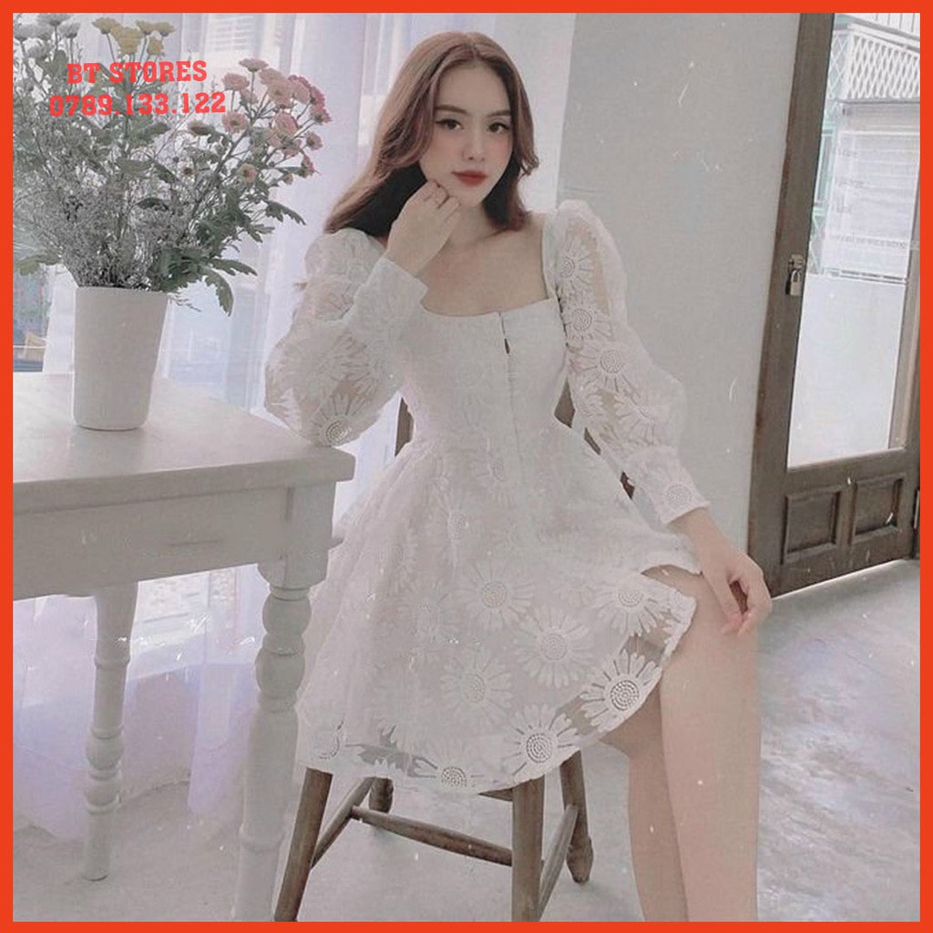 Đầm dự tiệc cổ vuông dáng xòe tay chất vải ren họa tiết hoa Tove