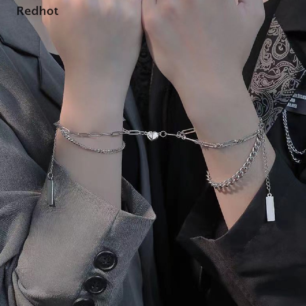 &lt; Redhot &gt; Vòng Tay Dây Xích Màu Bạc Khóa Nam Châm Hình Trái Tim Thời Trang Cho Cặp Đôi Nam Nữ