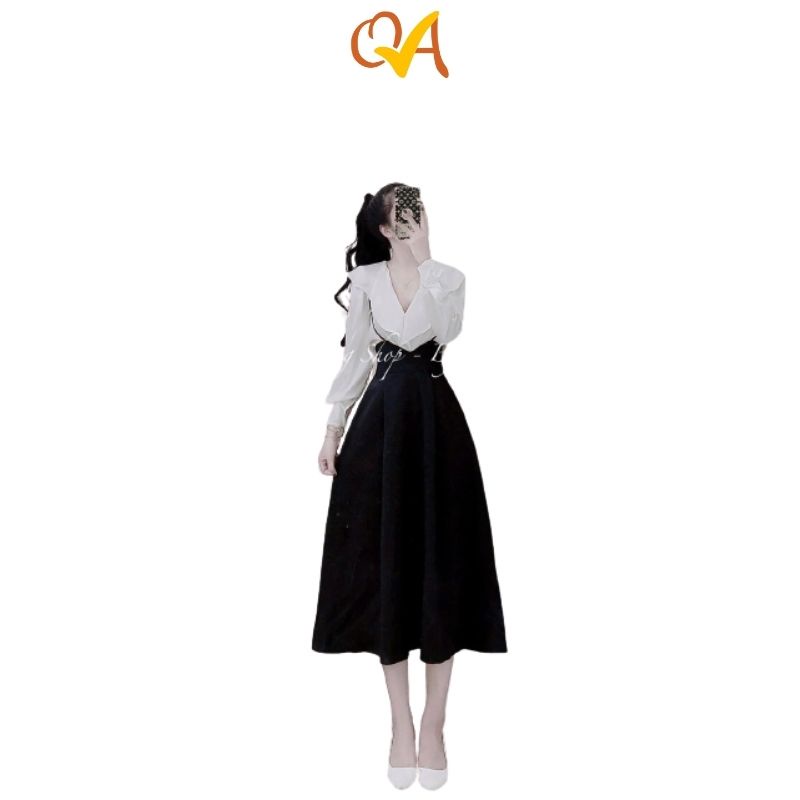 Set váy nữ Quocanh dạo phố, công sở QAG, chân váy dài phối với áo sơ mi lụa trắng tay dài cổ kiểu, xinh xắn, form đẹp