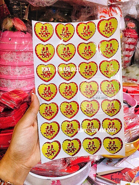 [CƯỚI] Bộ STICKERS DECAL CHỮ SONG HỶ KIM TUYẾN DÁNTRẦU CAU, TRÁI CÂY - HÀNG ĐẸP, SIÊU CHẮC